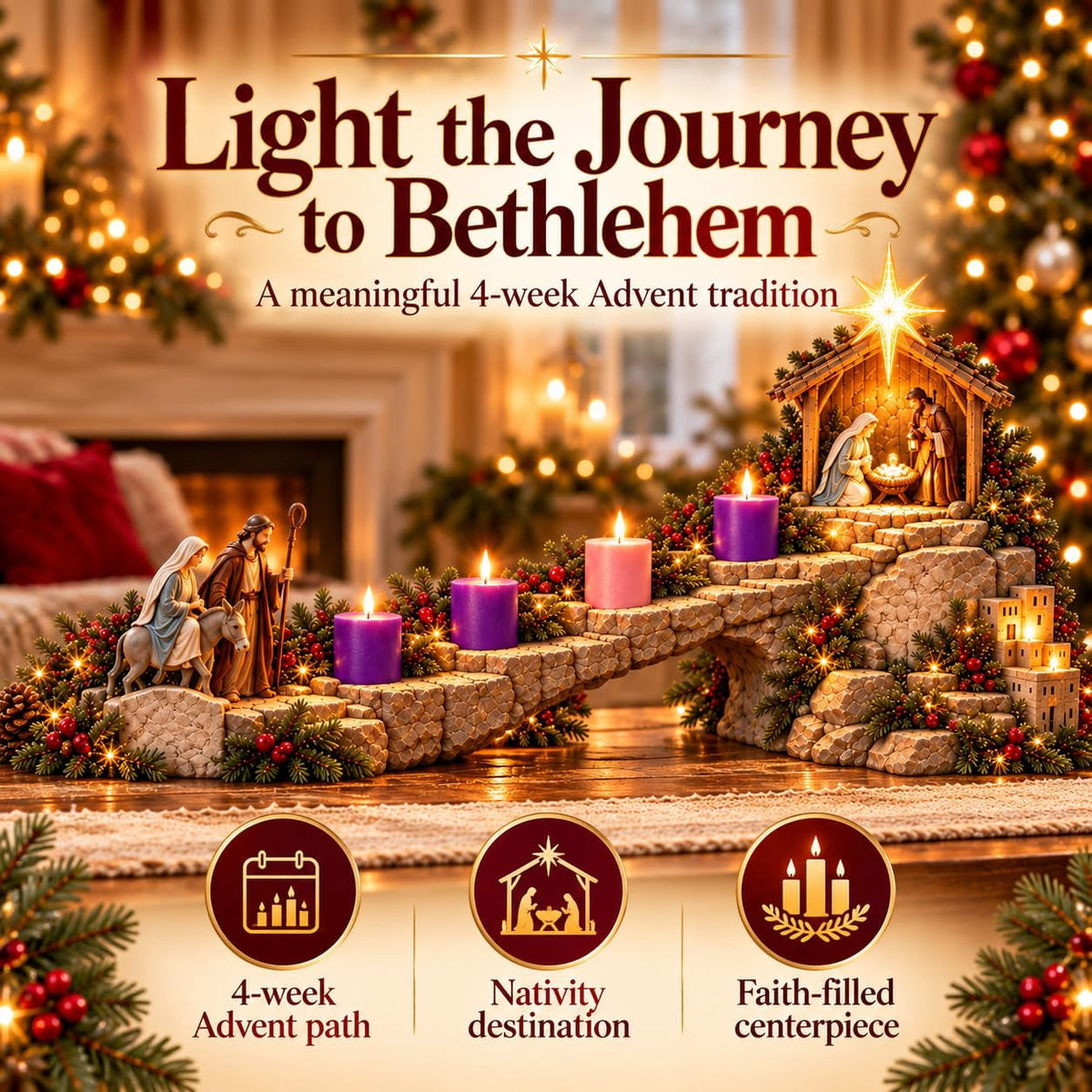 Journey to Bethlehem Lighted Advent Nativity Path – Christian Christmas Decor, 4-Week Lighted Advent Display & Faith-Inspired Gift