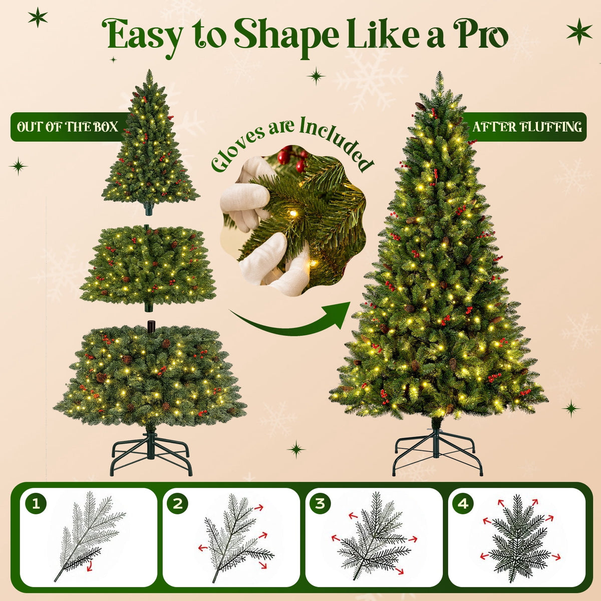 Goosiay Artificial Christmas Tree Pre-Lit Flocked Hinged with Red Berries & Pinecones, 350 Warm White & Multicolor LED Lights, 7 ft