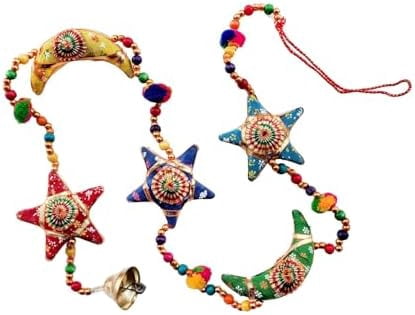 Star Bell and Half Moon Hanging Set of 5 Home Christmas Hanging Party Decorative Ornaments Multi Colored Indian Traditional (Half Star & Moon Layer)