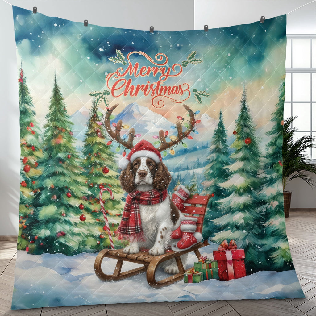 Merry Christmas Santa Reindeer Antlers French Bulldog Sleigh Xmas Winter Holiday Quilt Bedding Set Dog Lover Gifts 1 Blanket Bed Cover 2 Pillowcases - 00023