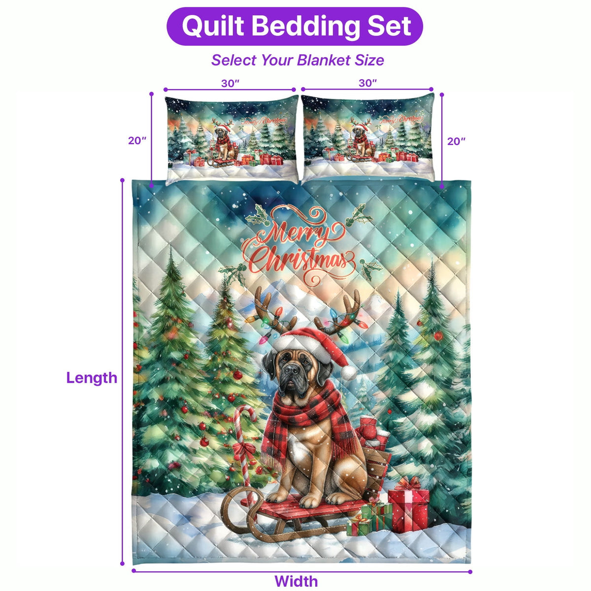 Merry Christmas Santa Reindeer Antlers French Bulldog Sleigh Xmas Winter Holiday Quilt Bedding Set Dog Lover Gifts 1 Blanket Bed Cover 2 Pillowcases - 00023