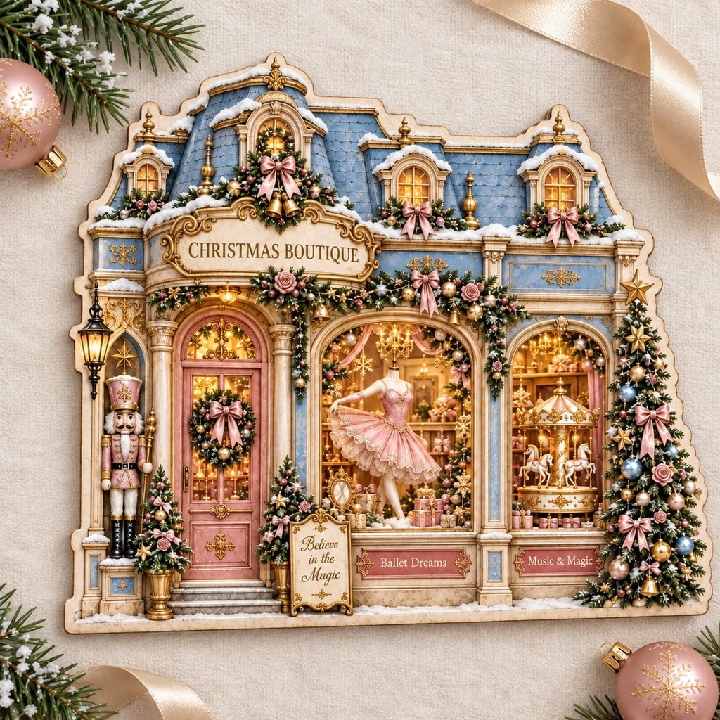 Shelf Sitter, Personalized Nutcracker Ballet Pink Holiday Village, Wood Mantel Decor for Christmas