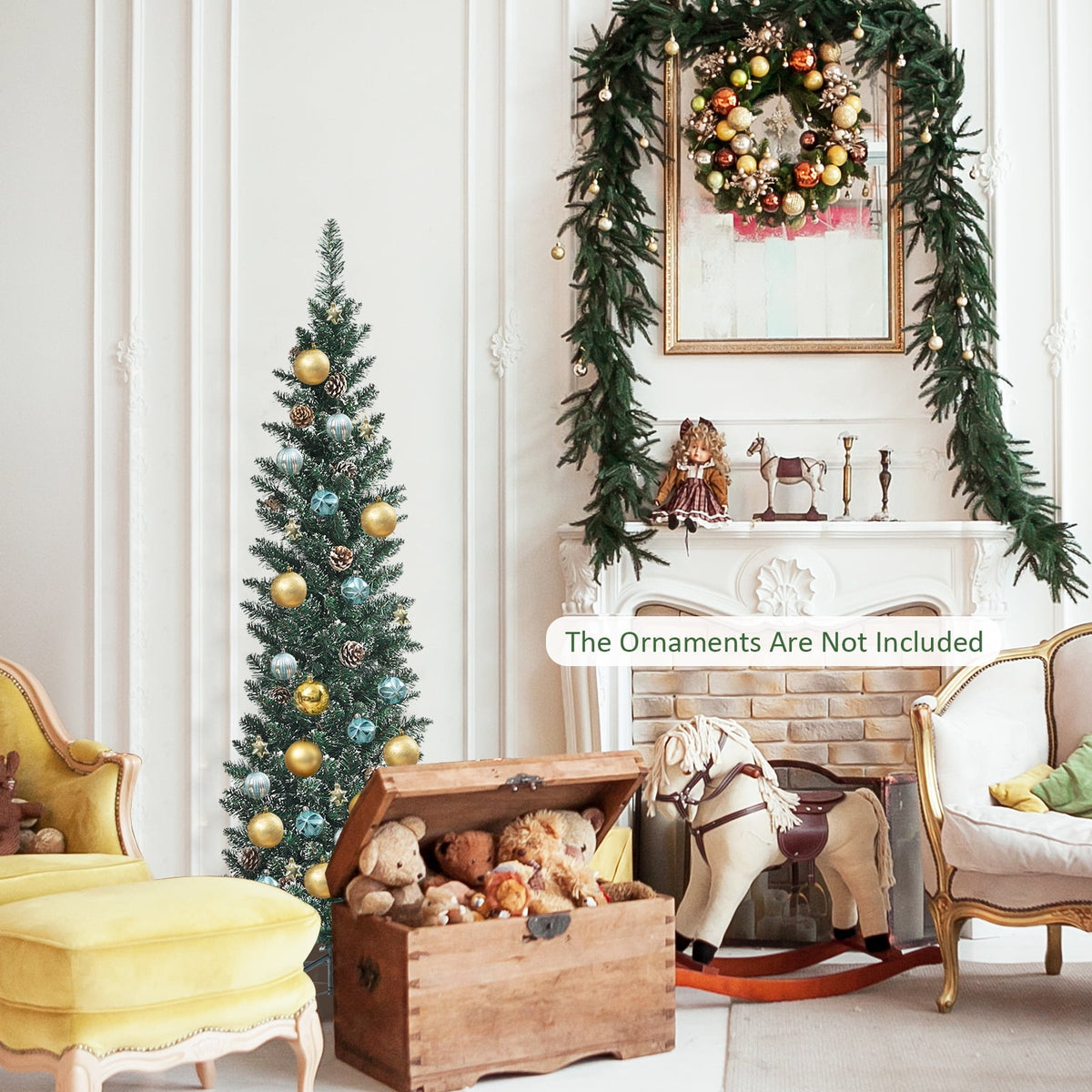 Topbuy 5FT Slim Pencil Tree Snowy Artificial Christmas Tree with 214 PVC Branch Tips & 25 Pine Cones Full Holiday Decoration Tree for Xmas