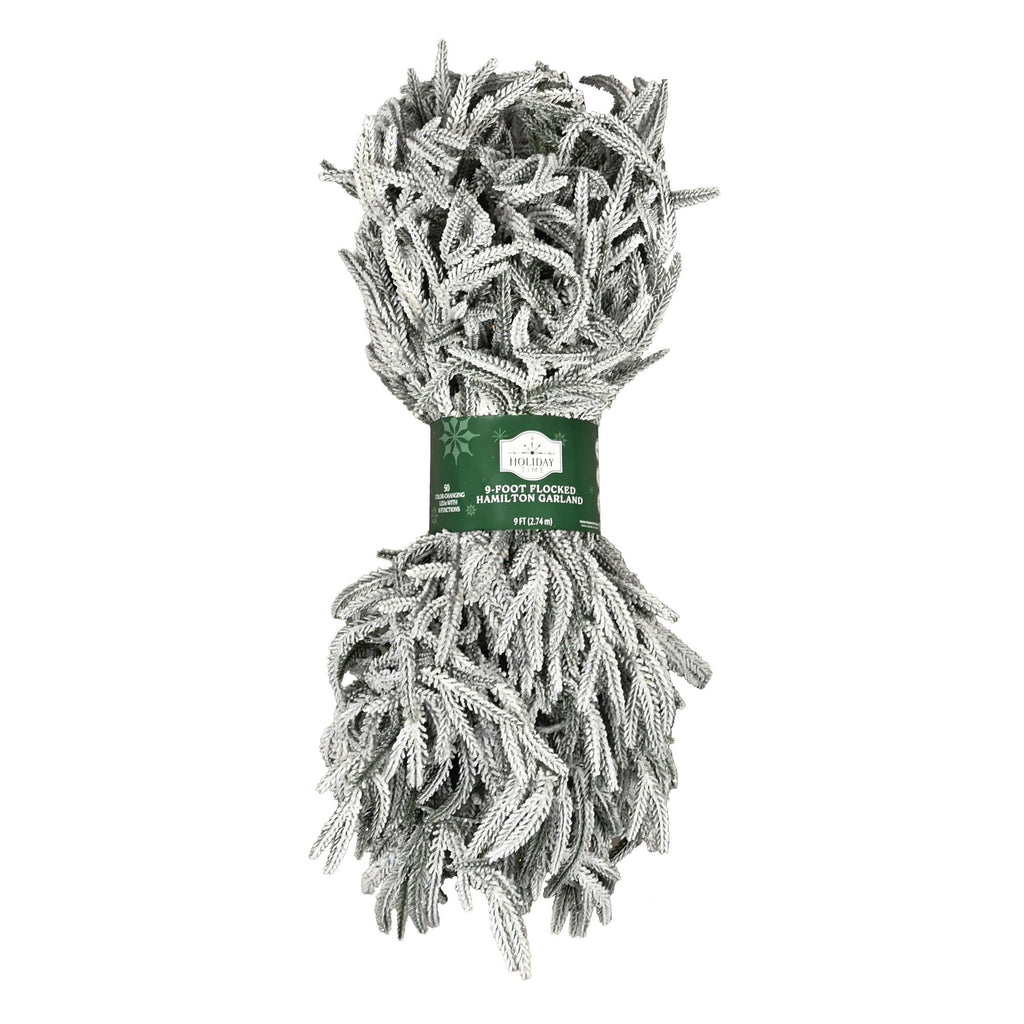Snow-Flocked Hamilton Pre-Lit Color-Changing LED Artificial Christmas Garland, Green, 9', by Holiday Time