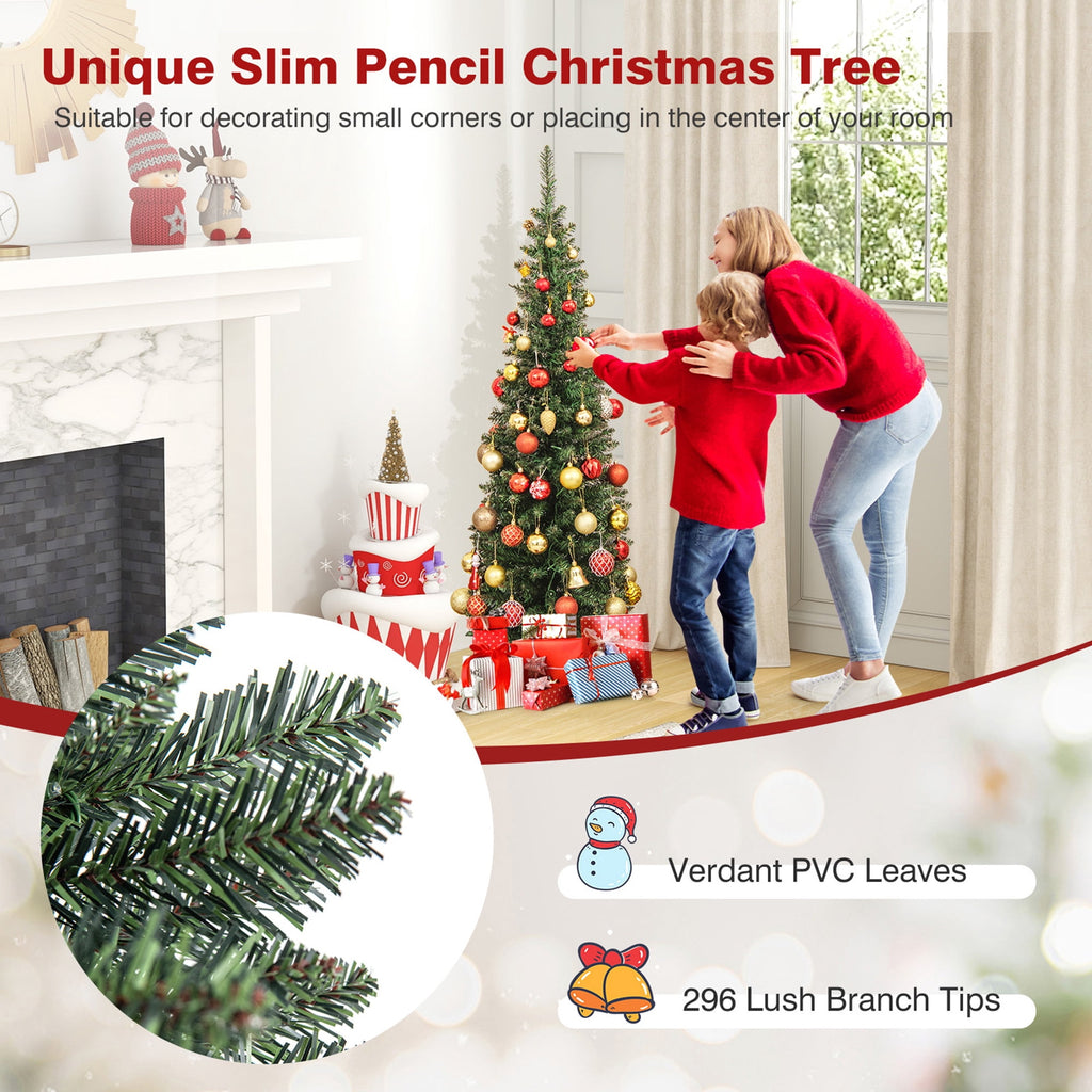 Gymax 9 FT Pre-Lit Artificial Christmas Tree Realistic Slim Pencil Xmas Tree
