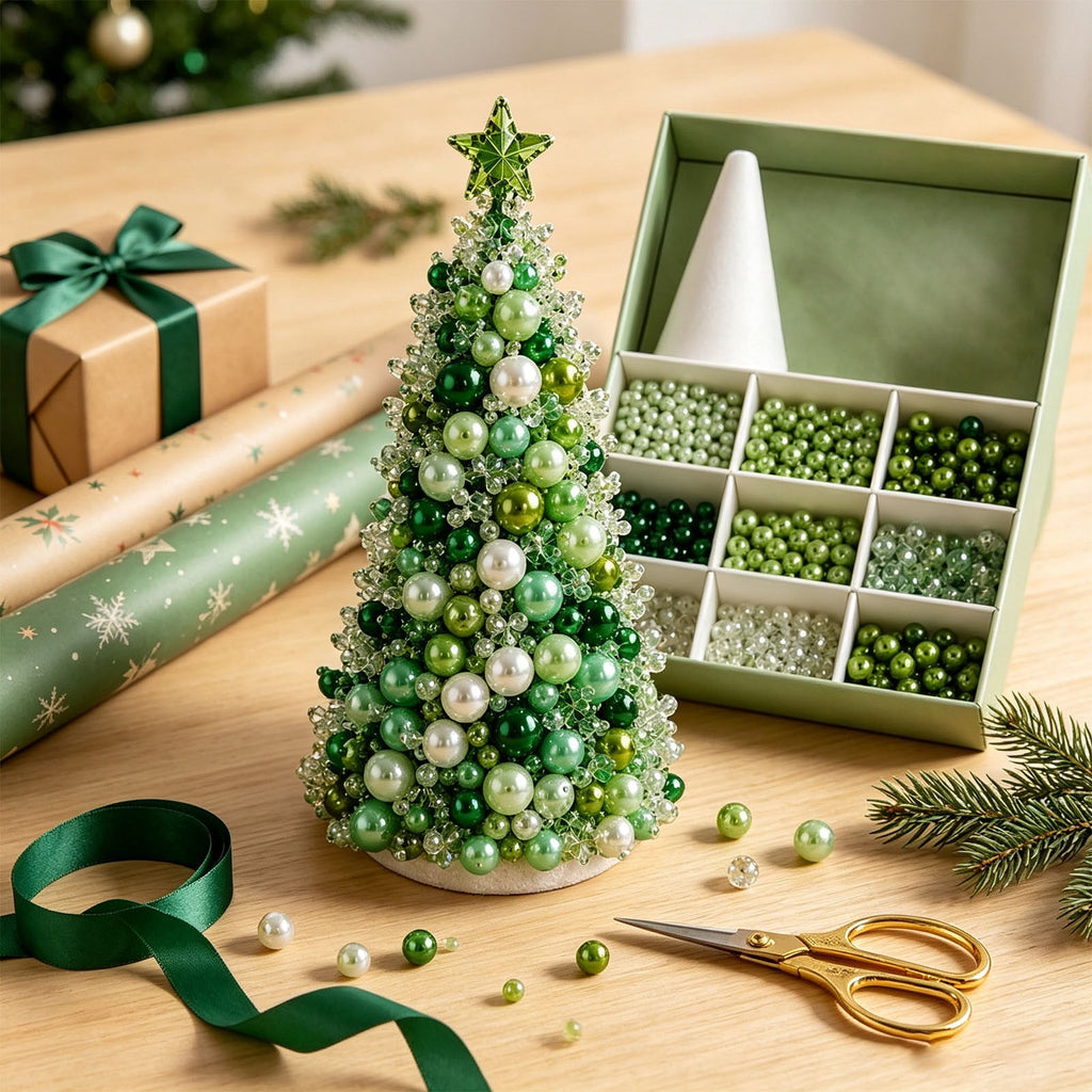 DIY Beaded Christmas Tree Kit - Handmade Mini Tabletop Xmas Tree with Santa Topper, Built-In Warm Lights, Holiday Decor Craft Gift for Adults
