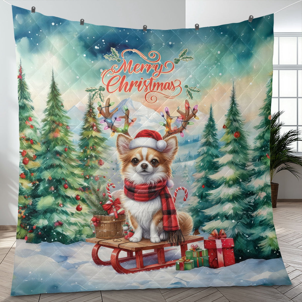 Merry Christmas Santa Reindeer Antlers French Bulldog Sleigh Xmas Winter Holiday Quilt Bedding Set Dog Lover Gifts 1 Blanket Bed Cover 2 Pillowcases - 00023