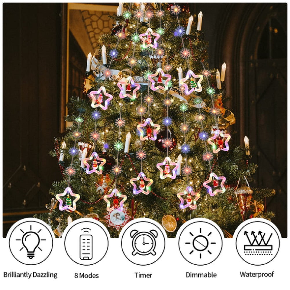WILLED Christmas String Lights, 120 LED Window Curtain Lights with Christmas Ornaments, 9.8ft USB Powered Warm White Waterproof Fairy Lights Indoor Outdoor for Xmas Tree Patio Garden Party Home Decor