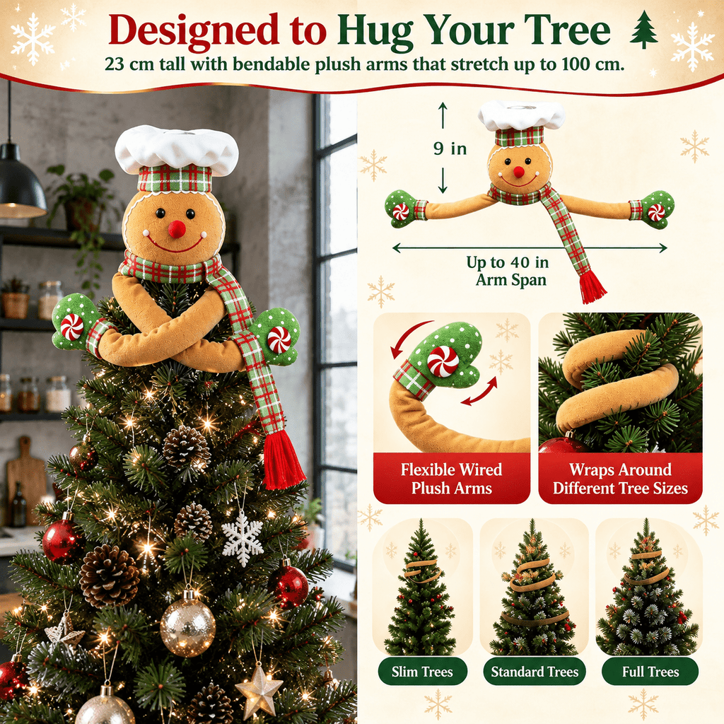 Gingerbread Man Christmas Tree Topper with Rotating LED Snowflake Projector, Green White