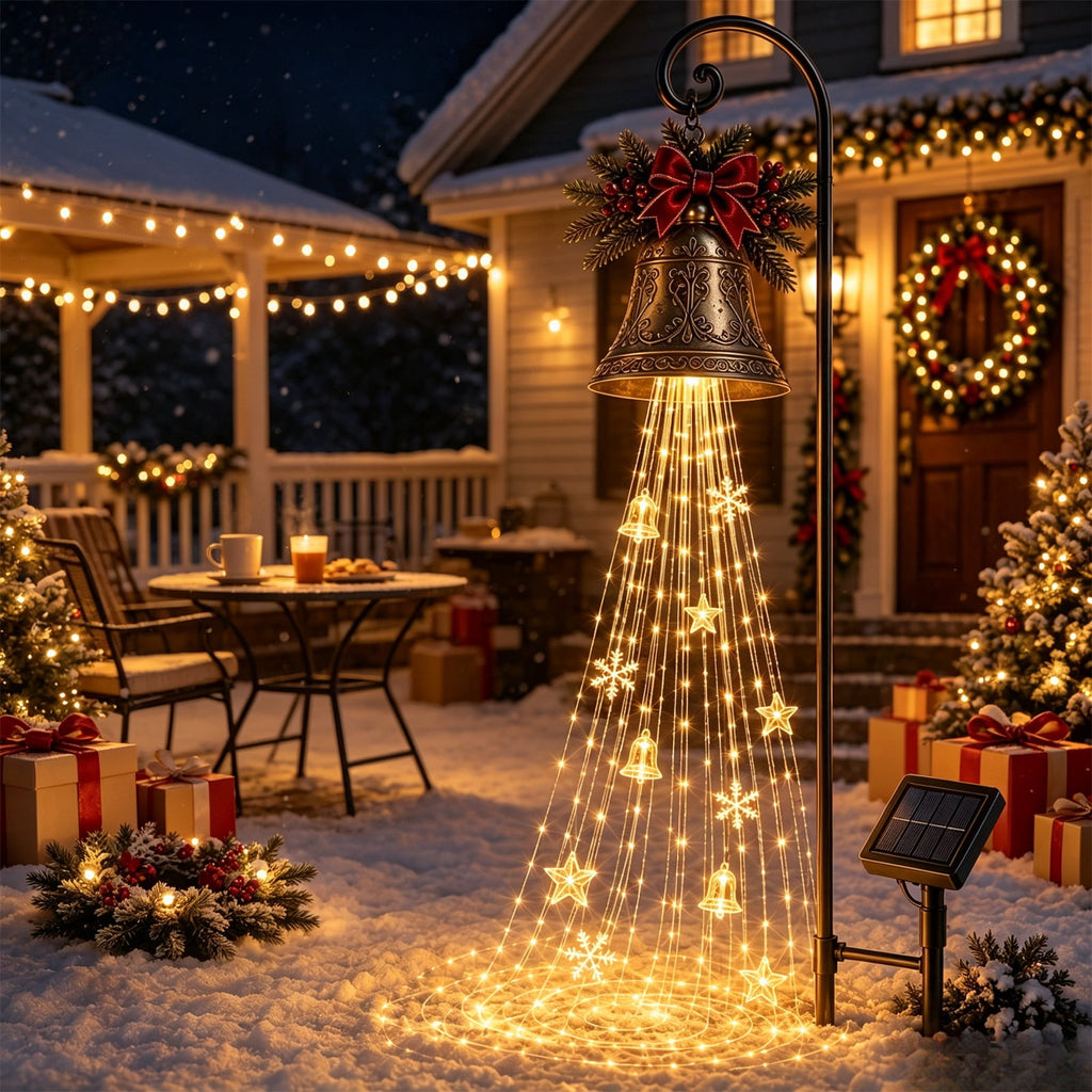 Luckky Santa’s Flying Sleigh Gift Cascade Solar Christmas Garden Light,Warm Golden Cascading LED Lights with Falling Gifts & Star,Solar Powered Outdoor Holiday Decor for Lawn,Pathway & Yard