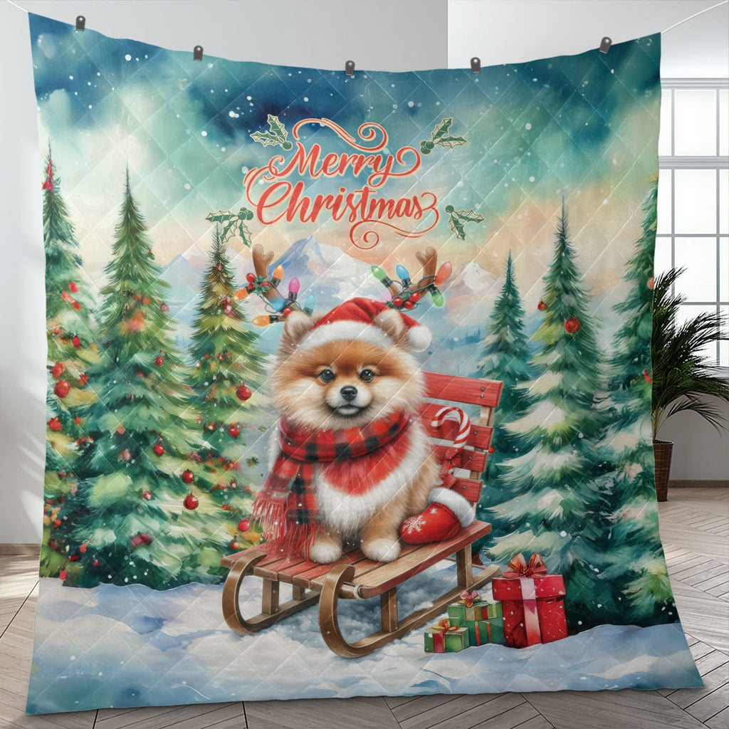 Merry Christmas Santa Reindeer Antlers French Bulldog Sleigh Xmas Winter Holiday Quilt Bedding Set Dog Lover Gifts 1 Blanket Bed Cover 2 Pillowcases - 00023