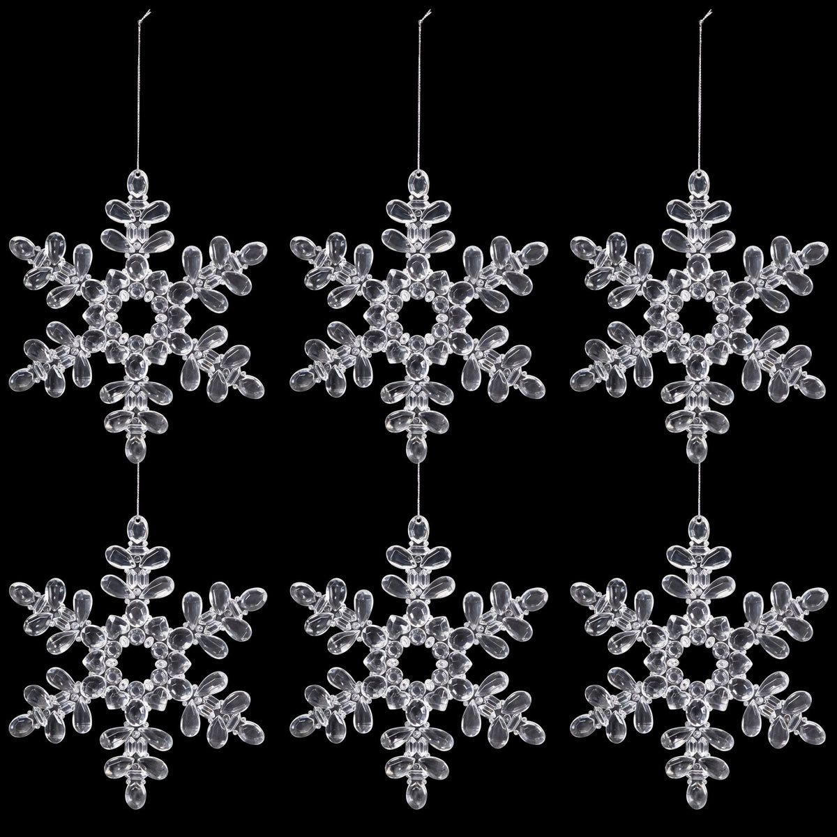 Hanging Acrylic Snowflake Christmas Ornaments - 7" - Clear - Set of 6