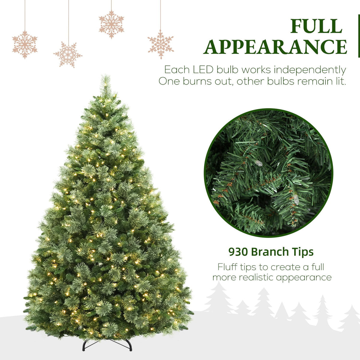 VIVATREES 6ft Pre-lit Artificial Christmas Tree 930 Hinged Branch Tips Spruce w/ Pine Needle 350 Warm White LED Lights Foldable Base