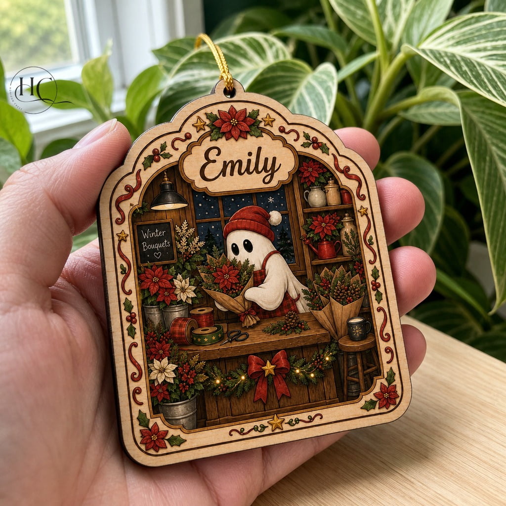 Ornament Ghost Christmas Flower Shop Wood Hanging Keepsake Personalized Holiday Gift