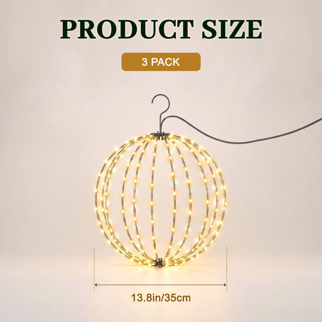ABORON Christmas Decoration Ball Lights, Pre-Lit Hanging Foldable Xmas Light Ball with 8 Lighting Modes for Outdoor Holiday Lights Decor -16.5" 3 Pk