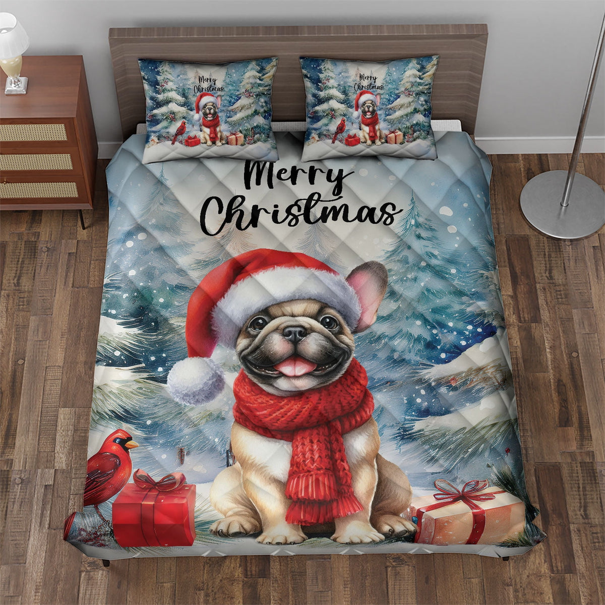 Merry Christmas French Bulldog Enjoys Woofmas Winter Xmas Holiday Quilt Bedding Set Dog Lover Gifts 1 Blanket Bed Cover 2 Pillowcases - 02022