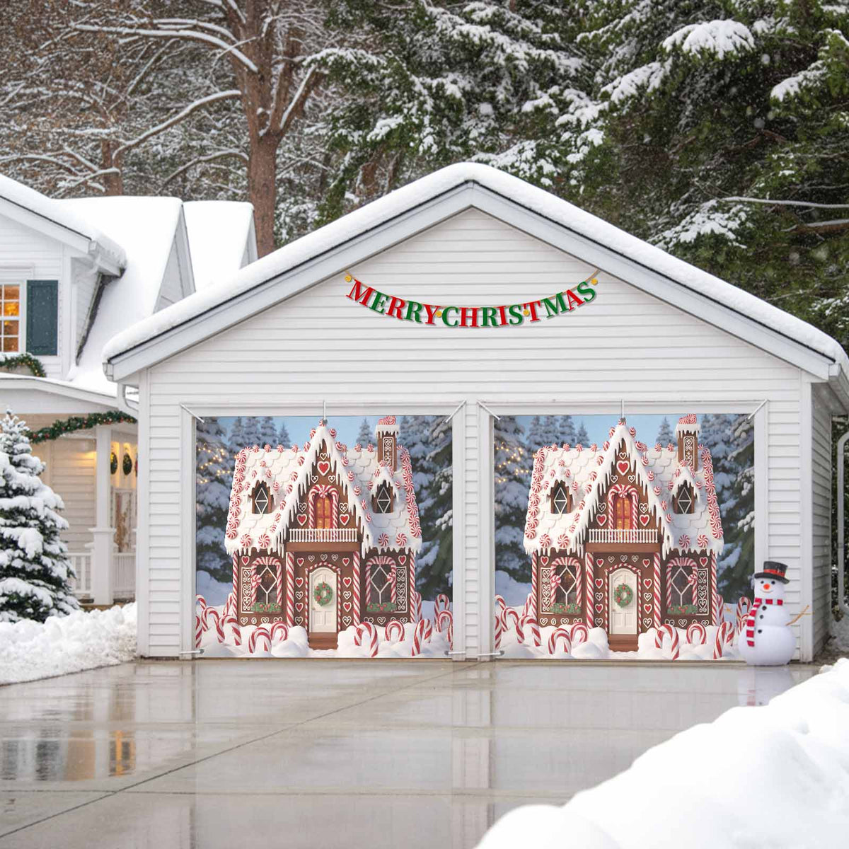 Fsddascl 7 x 16 Ft Christmas Garage Door Cover, Black Christmas Tree Large Garage Door Banner, Xmas Snowflake Green Golden Hanging Garage Mural Background for Indoor Outdoor Xmas Party Supplies