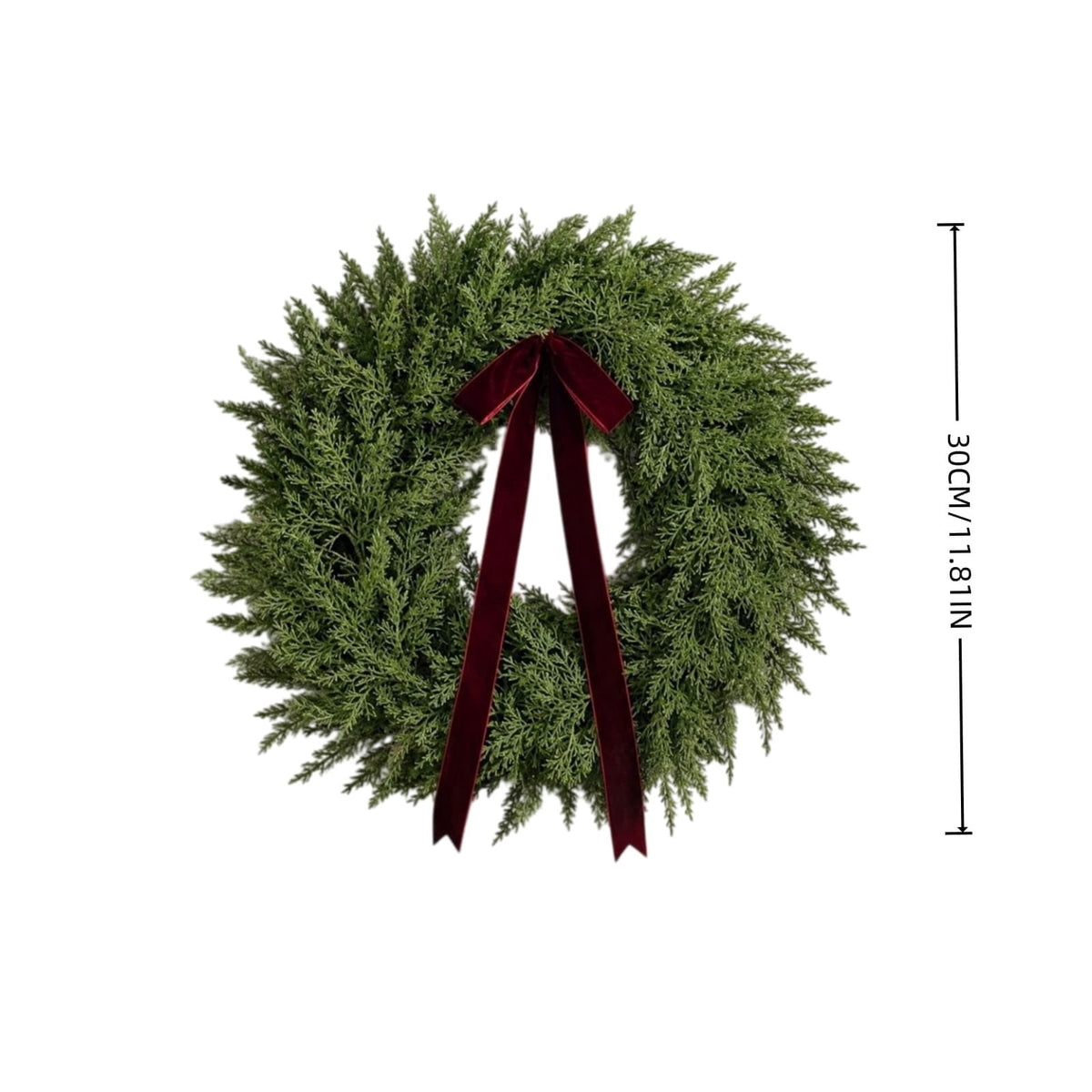 QualiVow Artificial Christmas Wreath with Burgundy Bow, 11.81in Faux Cedar Front Door Decor