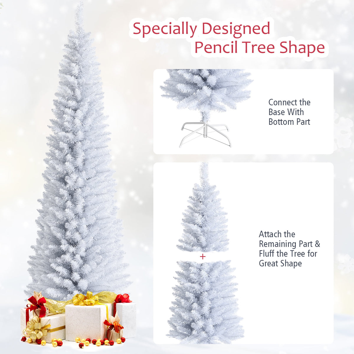 Costway 6ft Unlit Artificial Slim Pencil Christmas Tree with Metal Stand White