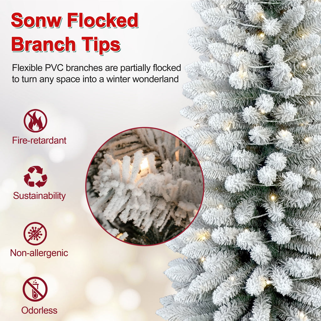 Makeatree 6 ft Pre-Lit Pencil Christmas Tree, Green Slim Skinny Spruce Xmas tree Holiday Decoration with 150 LED Lights, Metal Hinges & Foldable Base