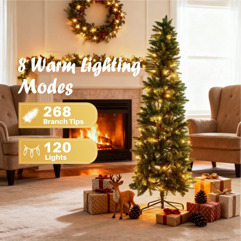 Gianna 4.5ft Pre-lit Pencil Christmas Tree, Green Artificial Spruce Slim Christmas Trees with 120 Incandescent Lights, 268 Branch Tips & Foldable Base for Home, Office, Party Decoration