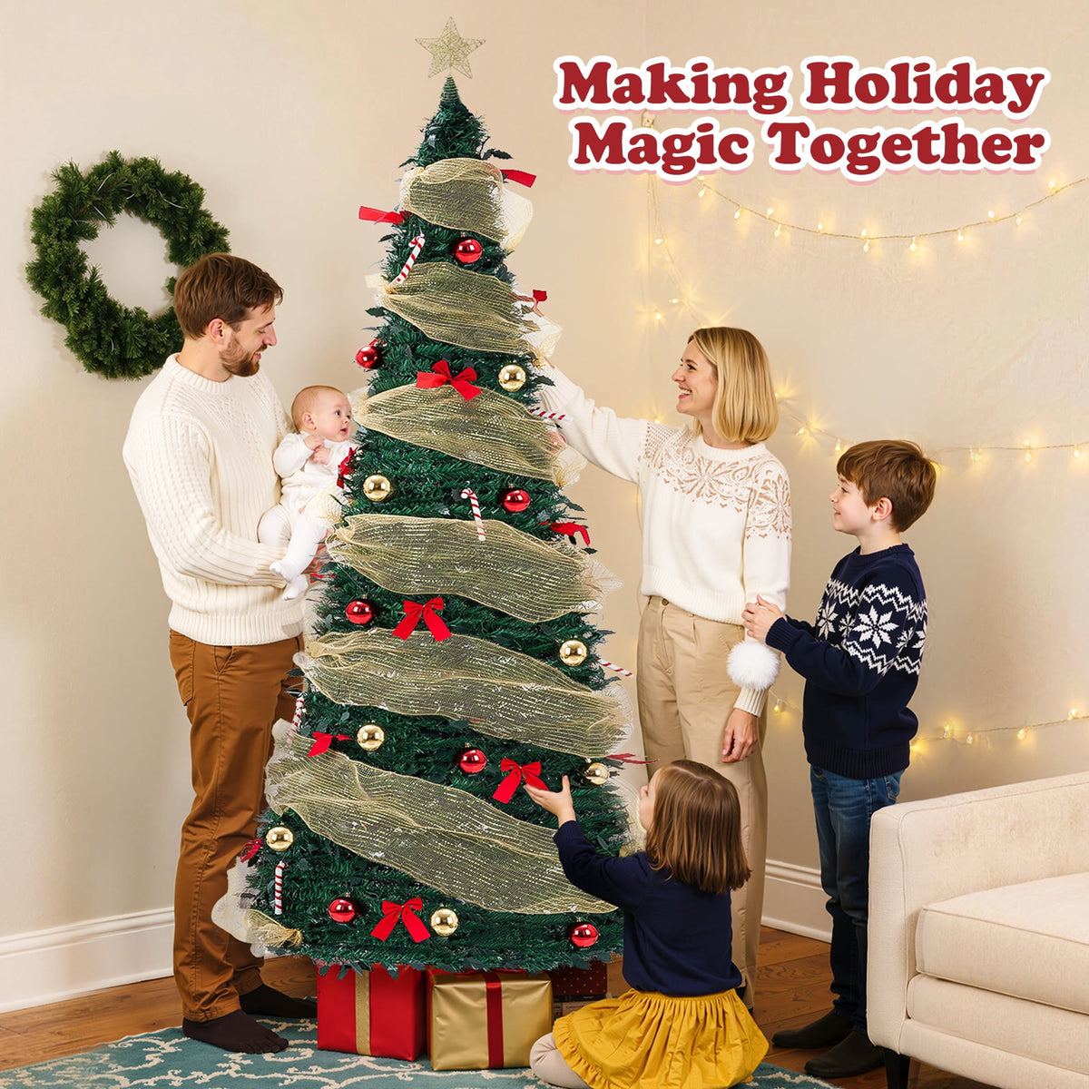 Yexmas 7.5FT Pop-Up Artificial Christmas Tree with 300LED Lights,Green Prelit Christmas Tree with Foldable Base