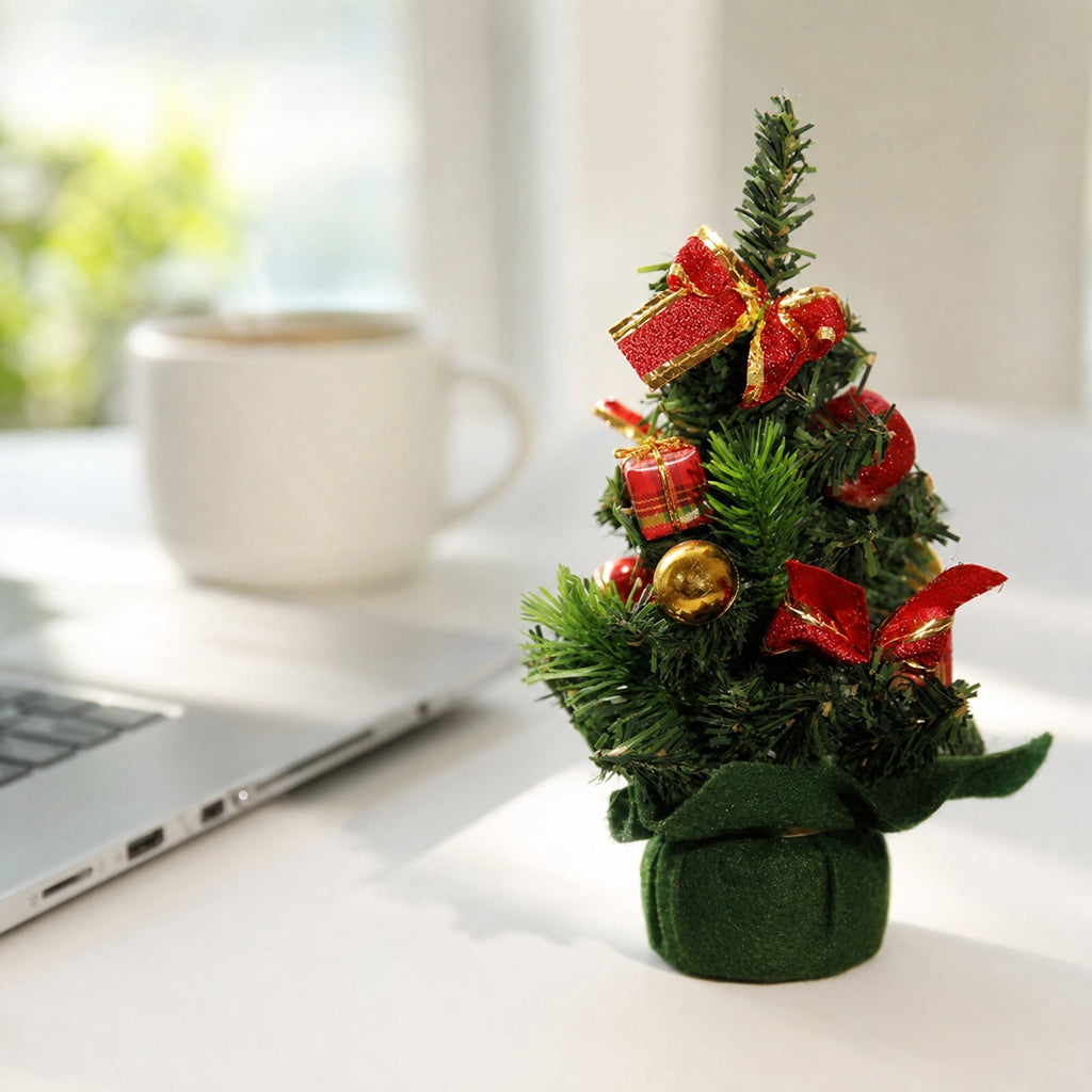 Surpdew Mini Christmas Tree Table Top Decorations- 9" Artificial Small Pine Trees with Burlap Base on Desktop, Shelves, Bedroom, Miniature Scenes Xmas for Home, Office, Party Decor