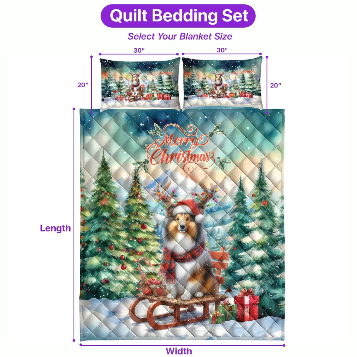 Merry Christmas Santa Reindeer Antlers French Bulldog Sleigh Xmas Winter Holiday Quilt Bedding Set Dog Lover Gifts 1 Blanket Bed Cover 2 Pillowcases - 00023