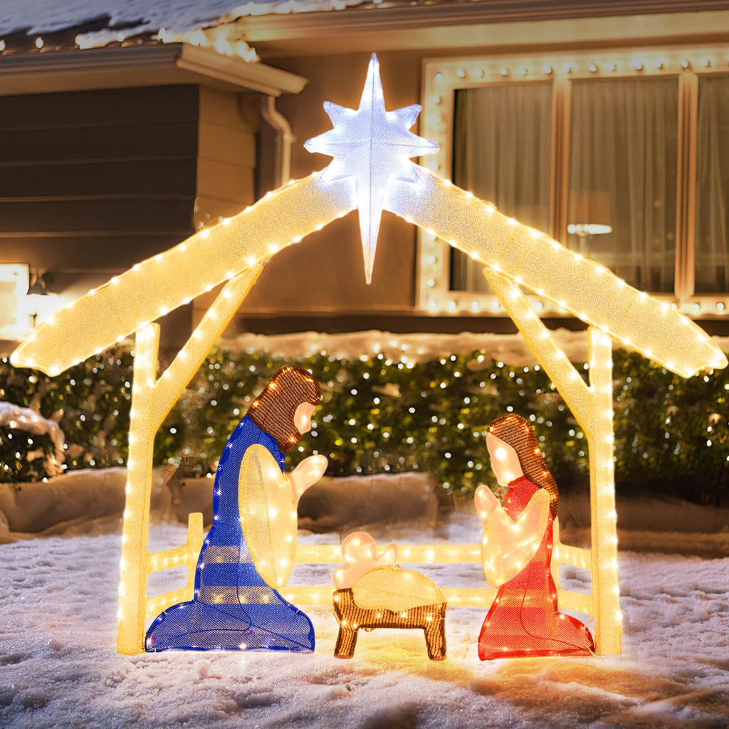 Costway 4 Ft Lighted Nativity Scene with 272 Warm & Cold White LED Lights, Ground Stakes