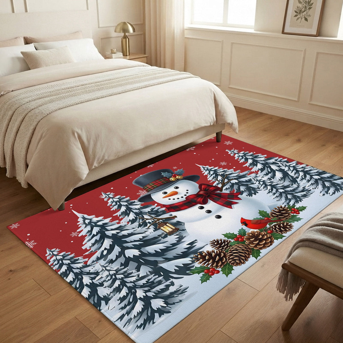 5x7 Area Rugs, Light Blue Snowman Christmas Non-Skid Rubber Backing Large Rectangle Rugs - Living Room Bedroom Home Office, Xmas Pinecone Tree Snowflake Indoor Floor Mat Carpets Washable Rug