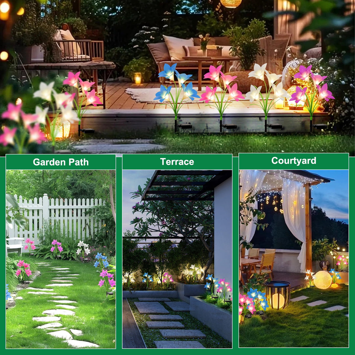 Solar Garden Lights Outdoor Decor, Lily Flower Garden Stake Lights Waterproof, 4 PCS LED Solar Lights Solar Powered for Outside Patio Garden Pathway Yard Decoration, Color Changing