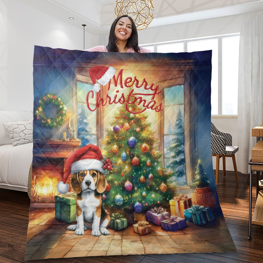 Merry Christmas French Bulldog Santa Hat Xmas Tree Winter Holiday Quilt Bedding Set Dog Lover Gifts 1 Blanket Bed Cover 2 Pillowcases - 01013