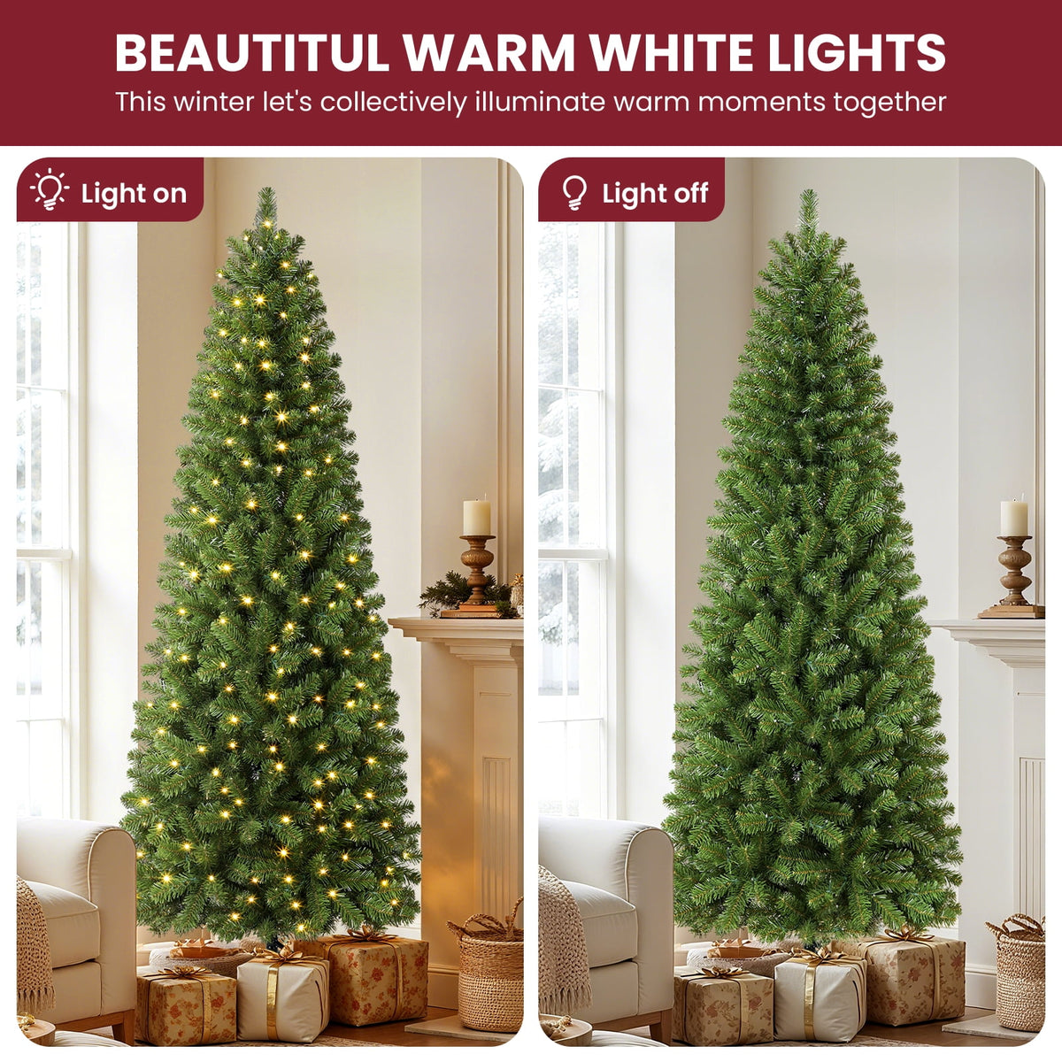 Lolsea 4.5ft Pre-Lit Artificial Christmas Tree, Hinged Slim Pencil Xmas Tree w/ Warm White Lights, Green
