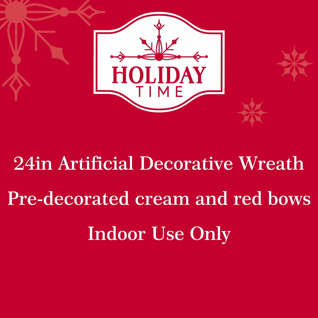 Evergreen Artificial Christmas Wreath with Bows, Green/Red/White, 24", by Holiday Time