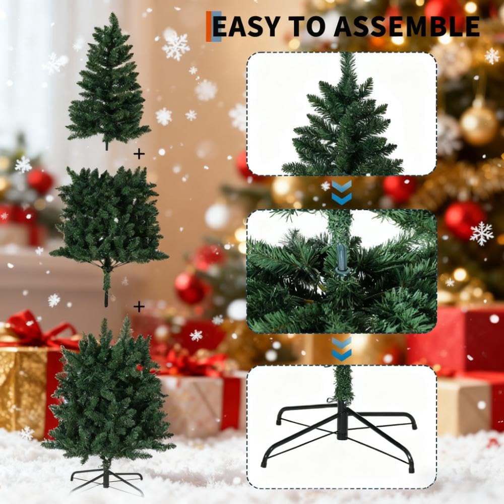 9ft Pre-Lit Slim Artificial Christmas Tree, Hinged Xmas Tree with Hinged Structure & Metal Stand for Home, Shops and Holiday Decoration