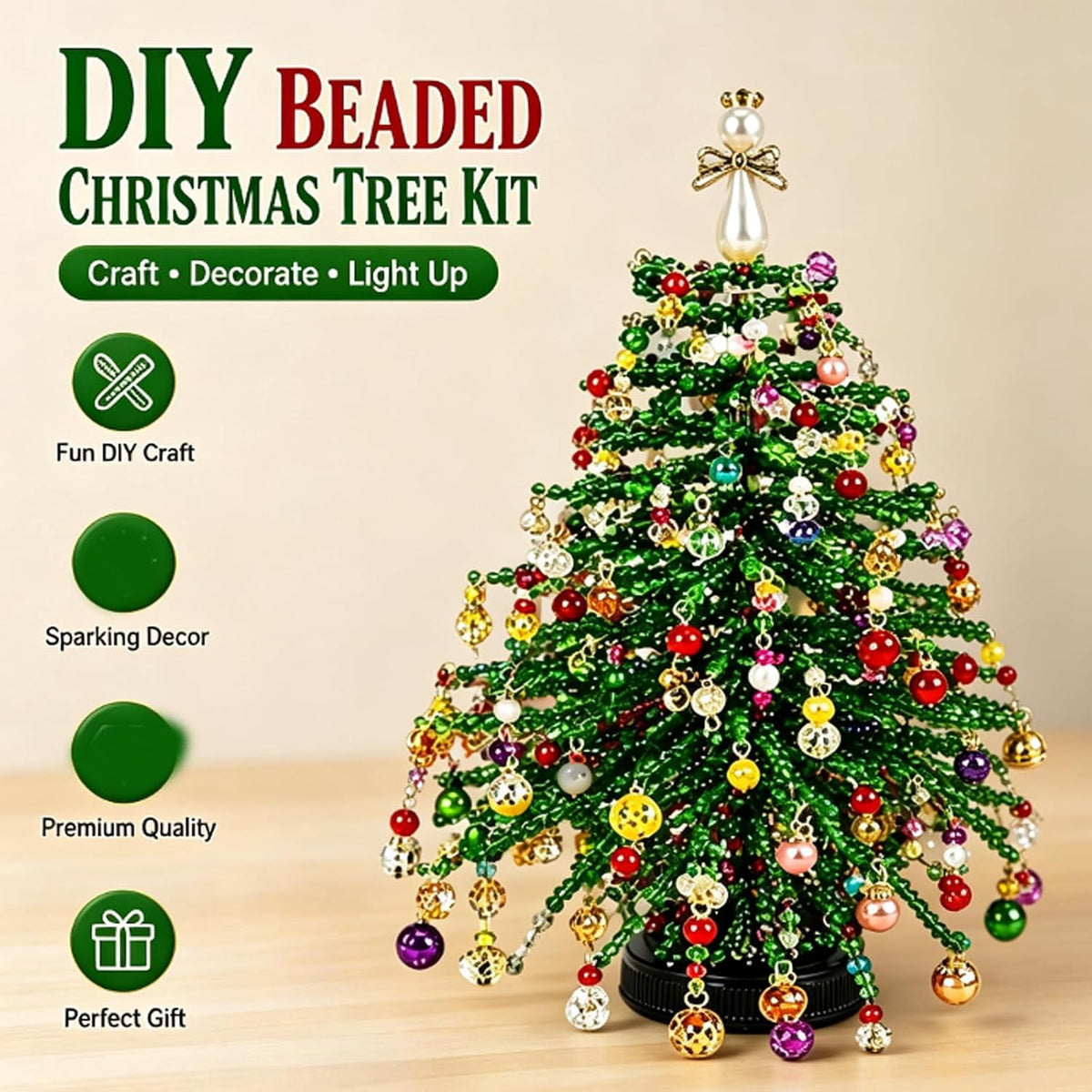 Jingle Beads, Beaded Xmas Tree Kit, Crystal Beaded Christmas Tree Lamp Kit, DIY Beaded ChristmasTree Kits Light Up, Metal Frame & Angel Topper Included, Tabletop Mini Decor