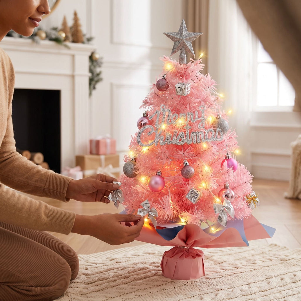 DIY Beaded Christmas Tree Kit - Handmade Mini Tabletop Xmas Tree with Santa Topper, Built-In Warm Lights, Holiday Decor Craft Gift for Adults