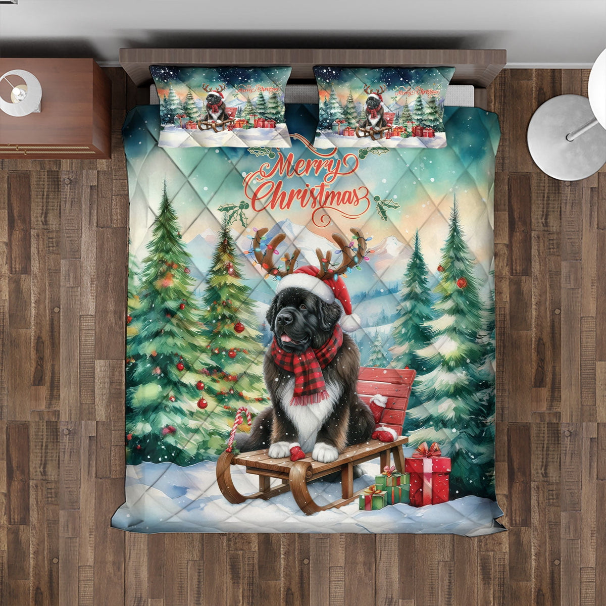 Merry Christmas Santa Reindeer Antlers French Bulldog Sleigh Xmas Winter Holiday Quilt Bedding Set Dog Lover Gifts 1 Blanket Bed Cover 2 Pillowcases - 00023