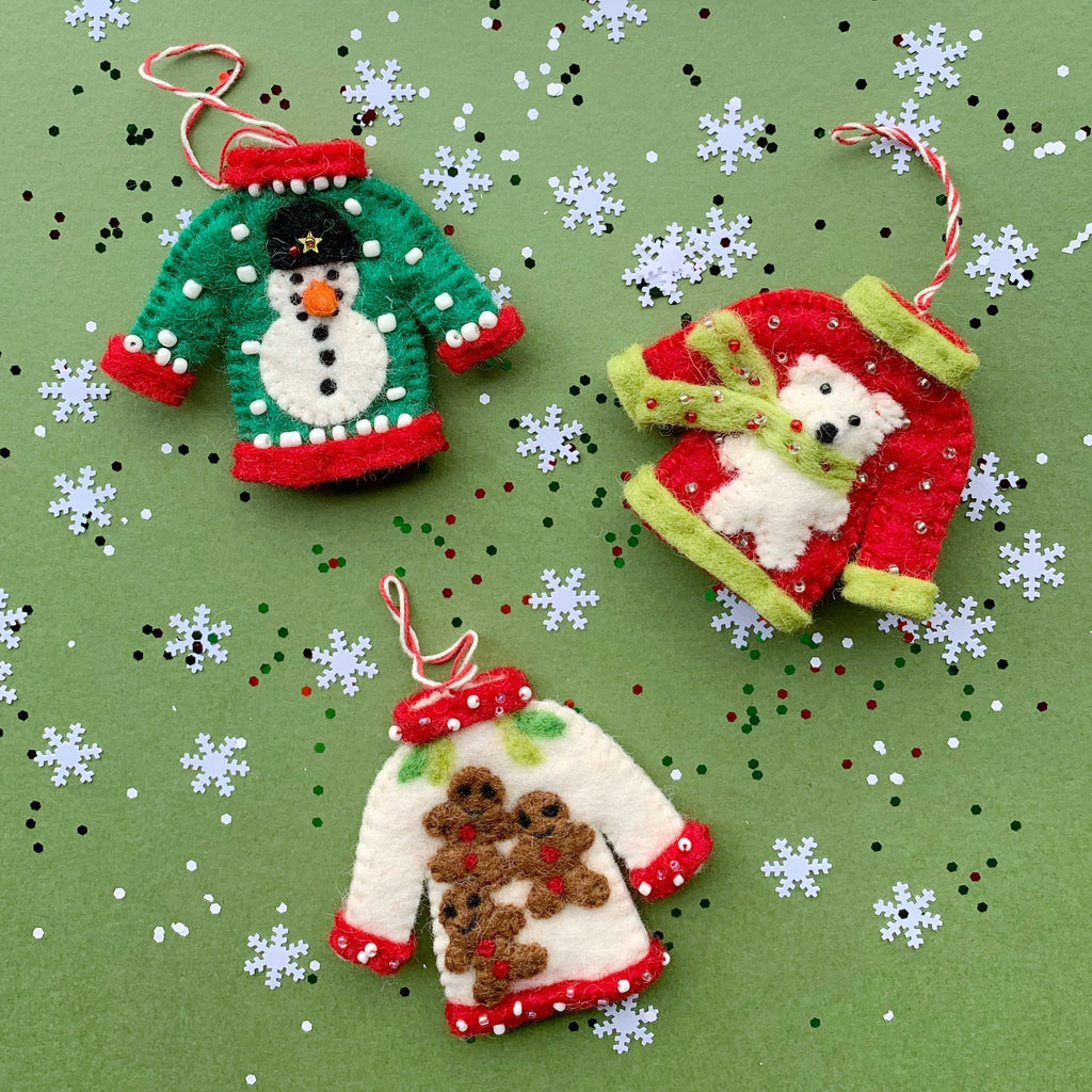Ugly Christmas Sweater Ornament Trio - Felt Wool Fair Trade Handmade Nepal