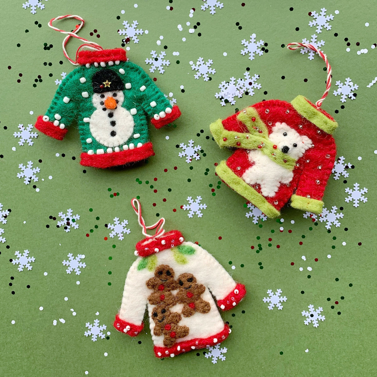 Ugly Christmas Sweater Ornament Trio - Felt Wool Fair Trade Handmade Nepal