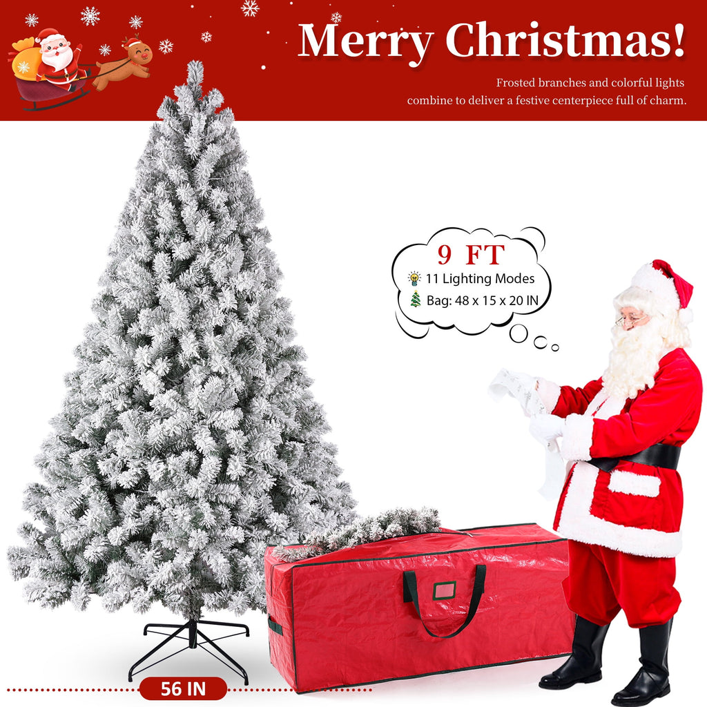 Yexmas 6FT Pre-Lit Snow Flocked Christmas Tree,Artificial White Christmas Tree with Large Christmas Tree Storage Bag,11 Modes Warm White & Multicolor LED Lights for Xmas Decoration
