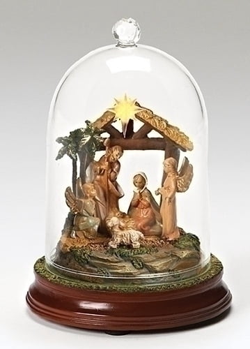 Roman 7.25" Brown and Yellow LED Lighted Musical Cloche Dome Nativity Scene Christmas Decor
