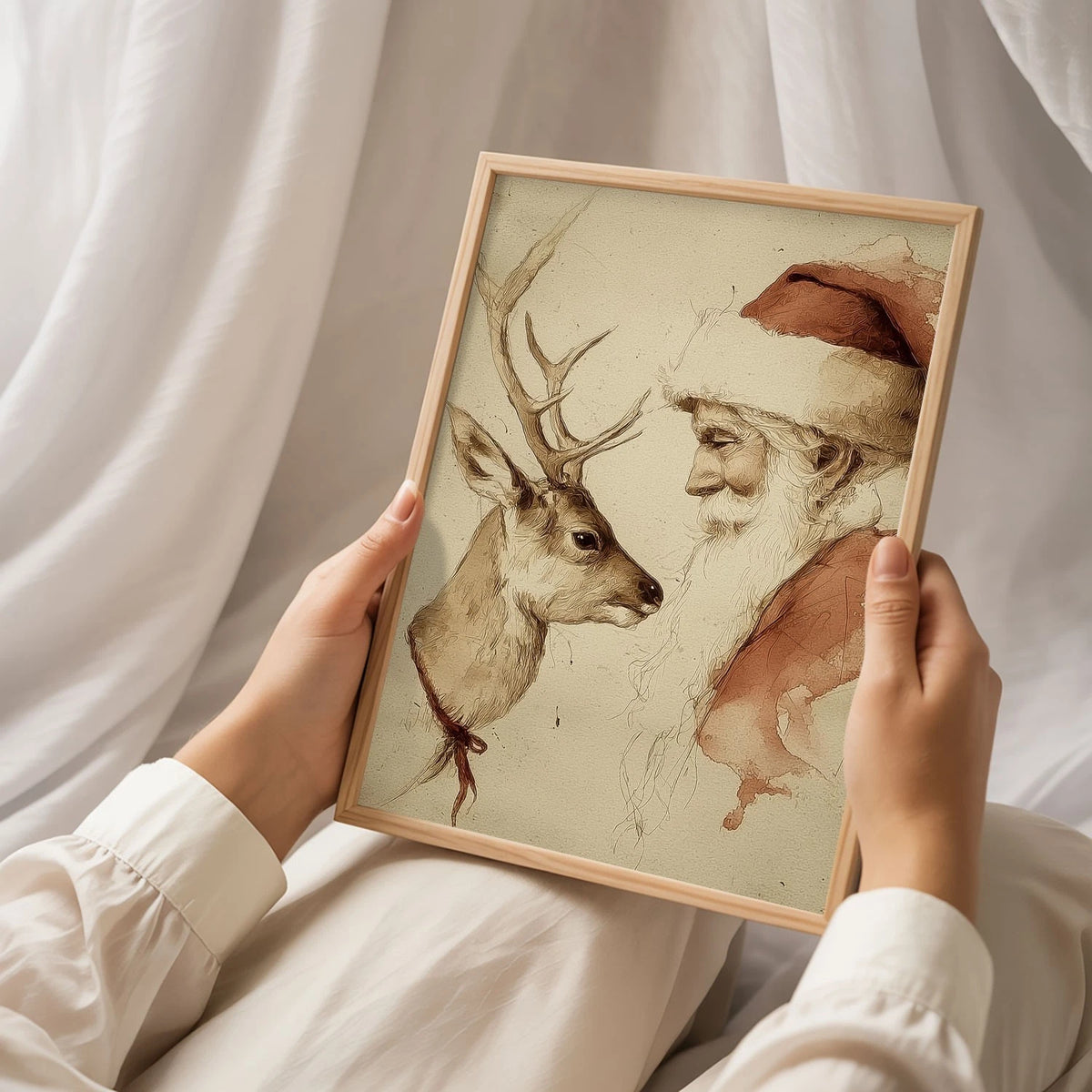 Santa And Reindeer Print Wall Art, Vintage Christmas Poster, Neutral Holiday, Matte Canvas Stretched, Posters for Room Bedroom Living Room Bathroom Wall Decor, Posters & Art Prints, Gift.