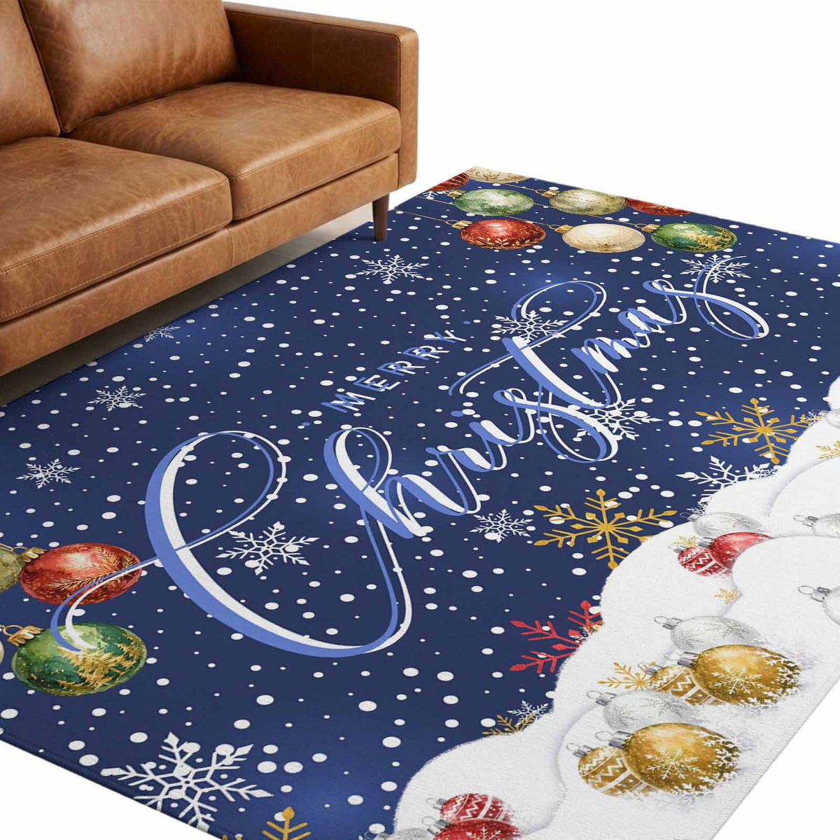 8x10 Area Rugs, Navy Blue Christmas Non-Skid Rubber Backing Large Rectangle Rugs - Living Room Bedroom Home Office, Xmas Snowflake Balls Snowy Sparkle Indoor Floor Mat Carpets Washable Rug