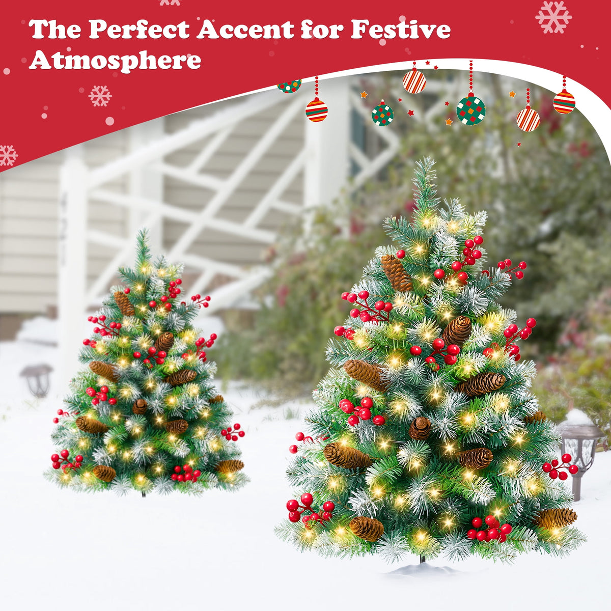 Yexmas 2PCS Small Outdoor Christmas Trees with LED Lights,30" Artificial Xmas Decora for Porch,Yard,Pathway,Garden,PVC