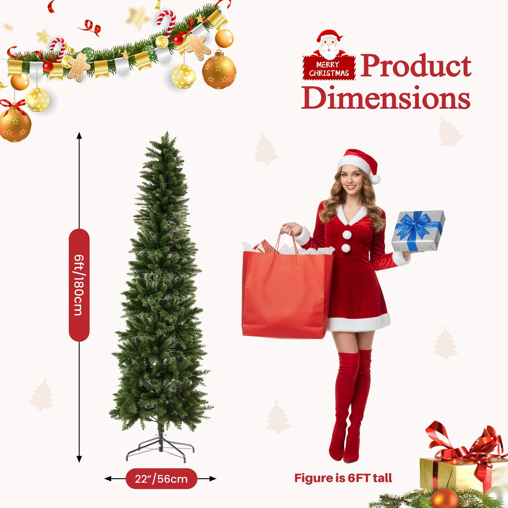 edx 6ft Pre-lit Pencil Christmas Tree, Green Artificial Spruce Slim Christmas Trees, With 250 LED Lights, 571 Branch Tips & Foldable Base, For Home, Office, Party Decoration