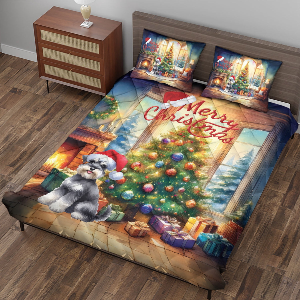 Merry Christmas French Bulldog Santa Hat Xmas Tree Winter Holiday Quilt Bedding Set Dog Lover Gifts 1 Blanket Bed Cover 2 Pillowcases - 01013