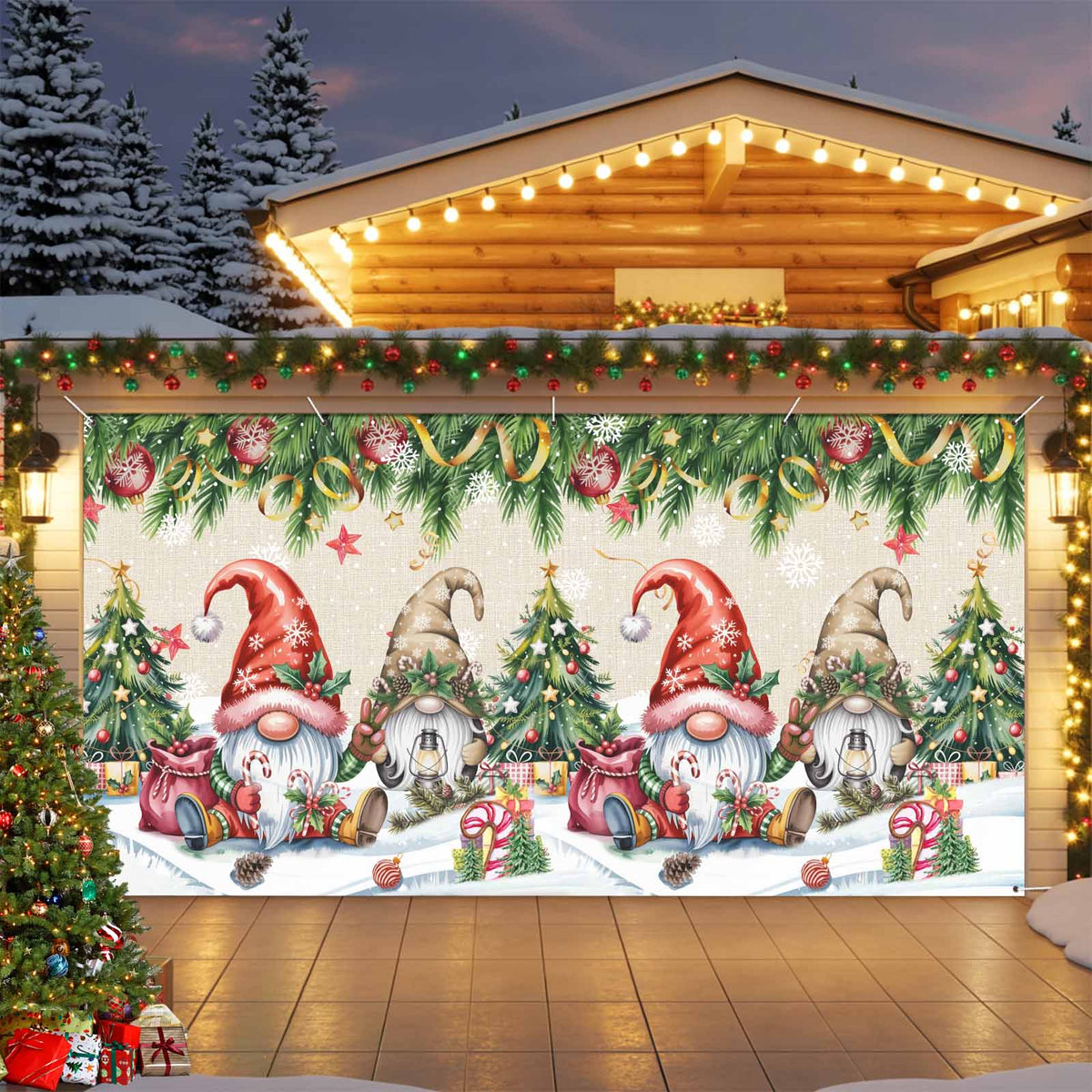 Fsddascl 7 x 16 Ft Christmas Garage Door Cover, Black Christmas Tree Large Garage Door Banner, Xmas Snowflake Green Golden Hanging Garage Mural Background for Indoor Outdoor Xmas Party Supplies
