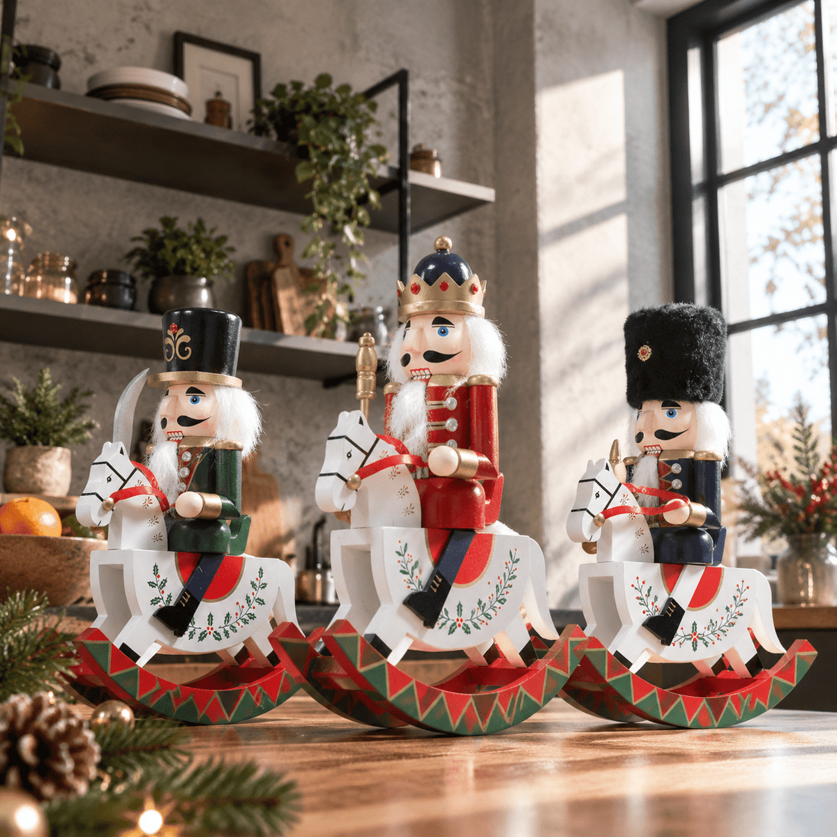 Gingerbread Wooden Nutcracker Rocking Horse Soldier Figurine Indoor Christmas Decor