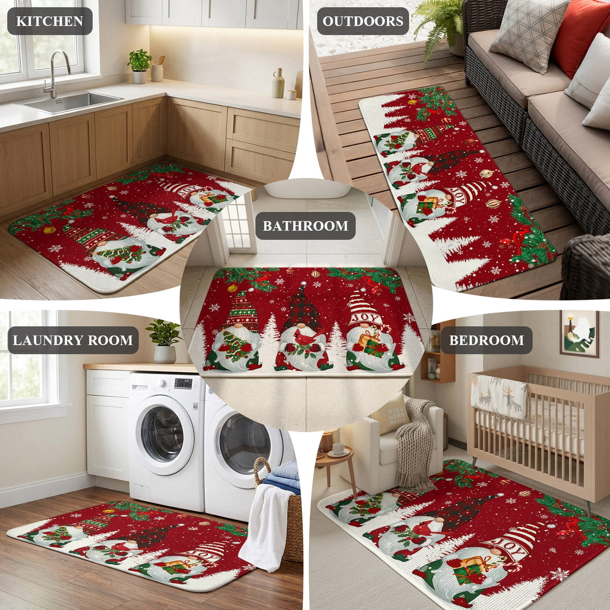 Hallway Runner Rug 31.5"x78.7",Christmas Gnomes Absorbent Non Slip Indoor Outdoor Carpet,Red Joy Pine Branches Cardinal Birds Low Profile Runner Rugs for Corridor Kitchen Laundry Room Entryway